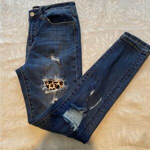 Dark Blue Skinny Jeans with Leopard Patch Detail